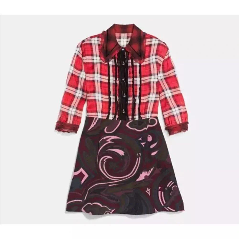 COACH 1941 Plaid Peter Pan Collar Mixed Silk Print Mini Dress – Size 4 NWOT